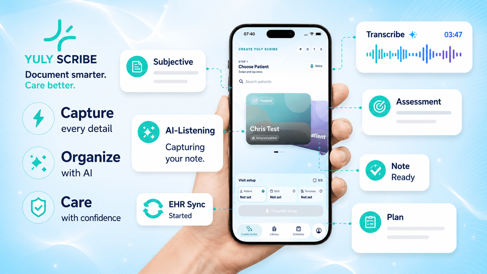YULY Scribe marketing visual showing app capture, transcription, assessment, and plan outputs