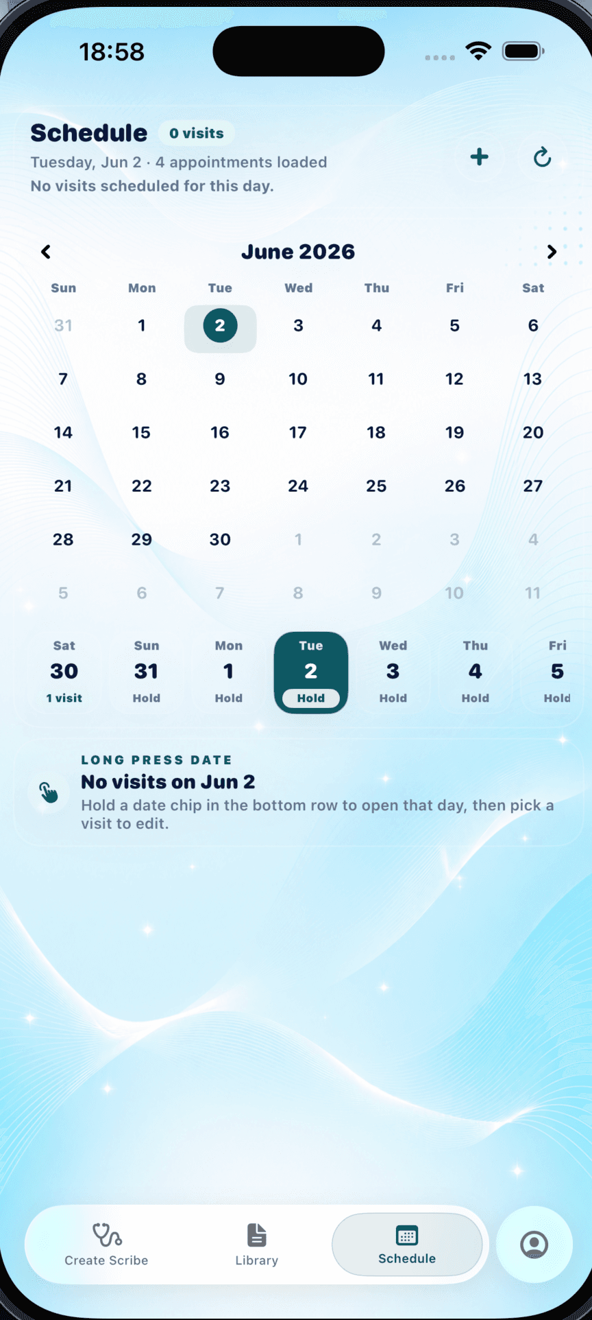 YULY Scribe schedule screen showing calendar workflow