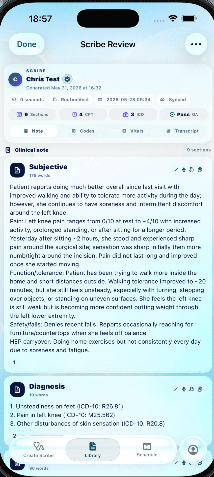 YULY Scribe review note screen